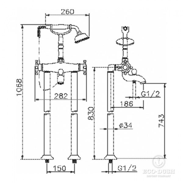 HUBER Victorian Смеситель для ванны, напольный, с ручным душе, цвет: бронза