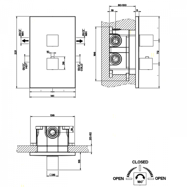 Gessi Rettangolo Встраиваемый термостатический смеситель, подключение на 3/4”, с переключателем на 2 выхода, внешняя часть, цвет: хром