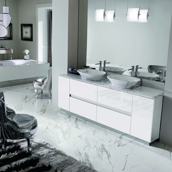 VITAGE milldue edition FOUR SEASONS Комплект мебели с тумбой под раковину, раковиной LIONE, зеркалом QUEBEC, 216 см, цвет: глянцевый Bianco/Calacatta vagli