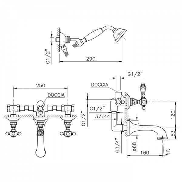 Nicolazzi Half Dome Crystal Смеситель для ванны с изливом от стены на 4 отверствия, встраиваемый, излив: 160 мм, цвет: хром
