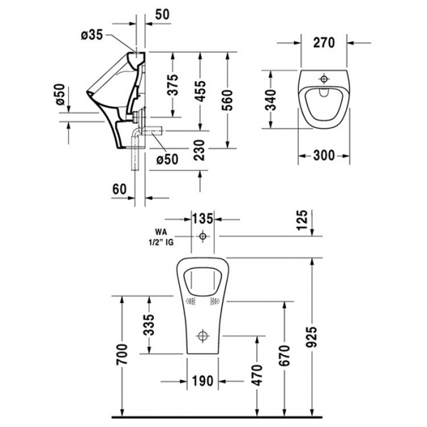 Duravit DuraStyle  Писсуар подача воды сверху, (с мухой)с вытяжкой, сток внутренний вертикальный или горизонтальный, включая, крепление , 300