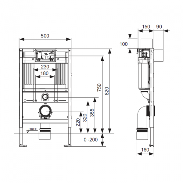 TECEprofil Модуль для установки унитаза, с фронт/верт. положением панели смыва, высота h820мм, с крепежом