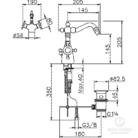 HUBER Victorian Смеситель термостатический двухвентильный для биде на 1 отверстие с донным клапаном и поворотным изливом, цвет: хром