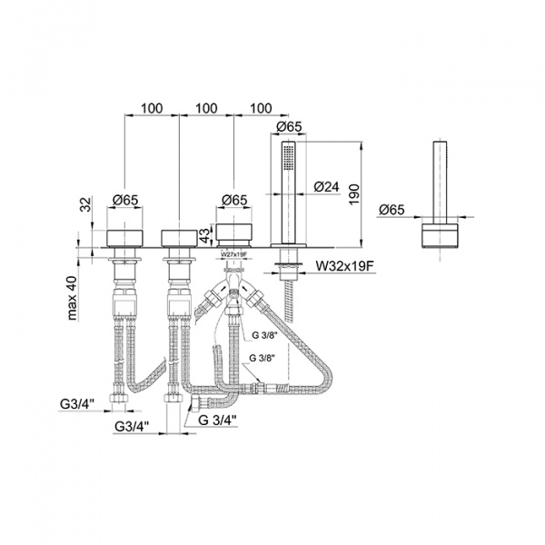 Fantini AF/21 Смеситель для ванны, набортный, 4 отв., без излива, цвет: матовая натуральная сталь