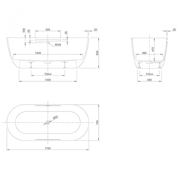 KNIEF Lotus Ванна отдельностоящая из материала Stone 170х75х63 см, с переливом и выпуском Click-Clack хром, без ручек