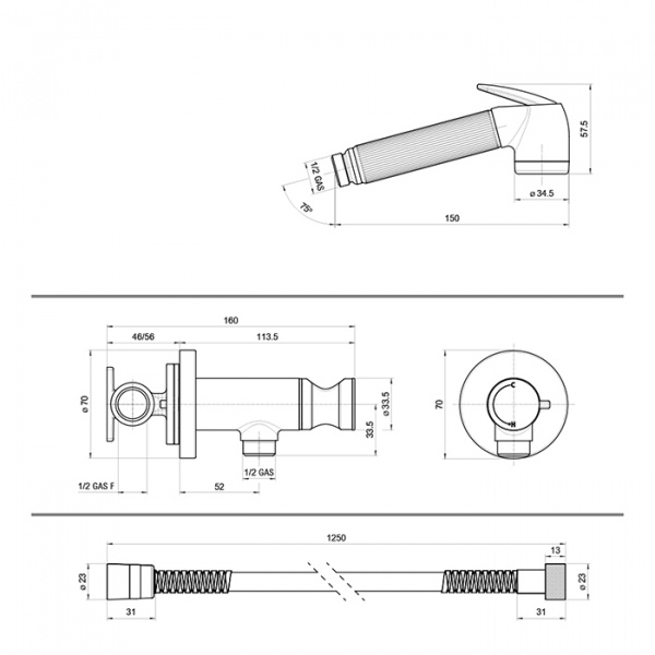 Bossini Nikita Гигиенический душ с прогрессивным смесителем, лейка металлическая, шланг металлический, цвет: хром