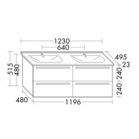 Burgbad Essento База подвесная с 2-м керам. умыв.123х49.5х51.5см. 4 выдв ящика, вкл сифон, с 1отв для смес.цвет: песочный высоглянц F1749, ручки-G0090 с зеркальным шкафом
