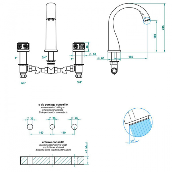 THG Paradise Смеситель для ванны, 3 отв., цвет: хром/хрусталь