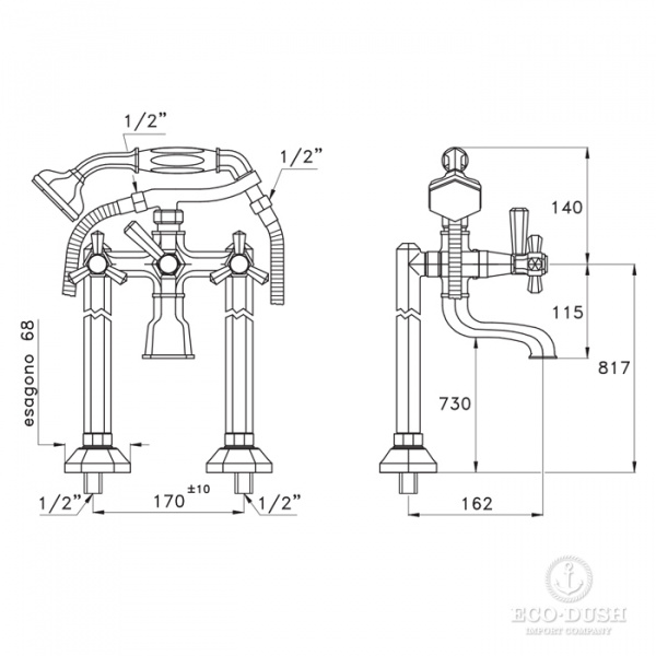 Stella Eccelsa Напольный смеситель для ванны 3274CL306FB с ручным душем, цвет: золото