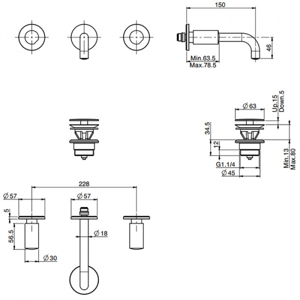 Carlo Frattini So Смеситель для раковины настенного монтажа, на 3 отв, излив 150 мм, донный клапан click-clack, цвет: хром