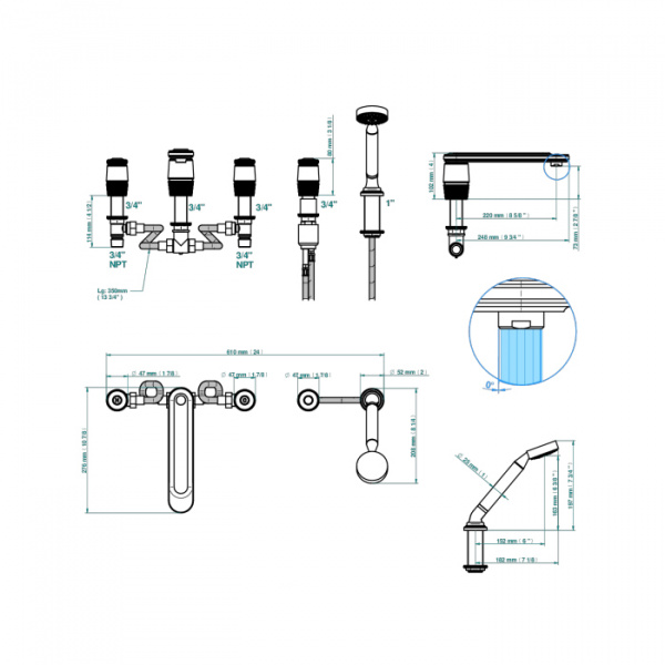 THG CORVAIR Смеситель на борт ванны на 5 отверстий, двойной, с ручным душем, цвет: полированное золото