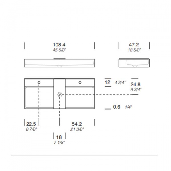 NOORTH milldue edition Раковина 108.4х47.2х12 см, 2 отв.,  двойная, накладная, цвет: белый