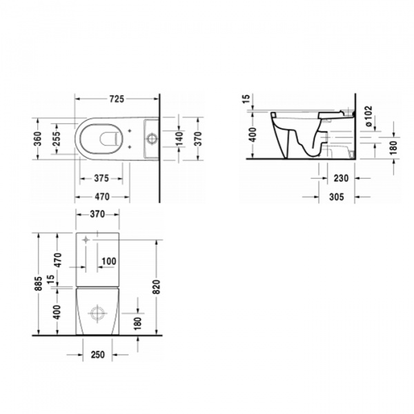 Duravit Унитаз моноблок приставной 72.5х37cм, слив универсальный, с креплением, с бачком на 4,5 л с механизмом слива хром, с сиденьем, цвет: белый
