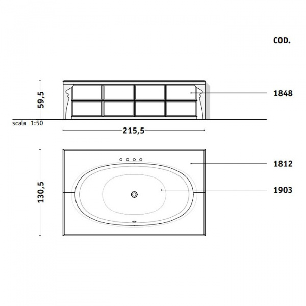 VITAGE milldue edition Ванна 190х100см, стальная, подача воды из водослива, в комплекте с сифоном, основанием и зеркальным топом, отдельностоящая, цвет: белый/Fumè