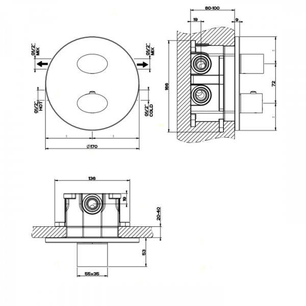 Gessi Ovale Встраиваемый термостатическый смеситель, подключение на 3/4”, с фильтрами и переключателем на 2 выхода, внешняя часть, цвет: хром