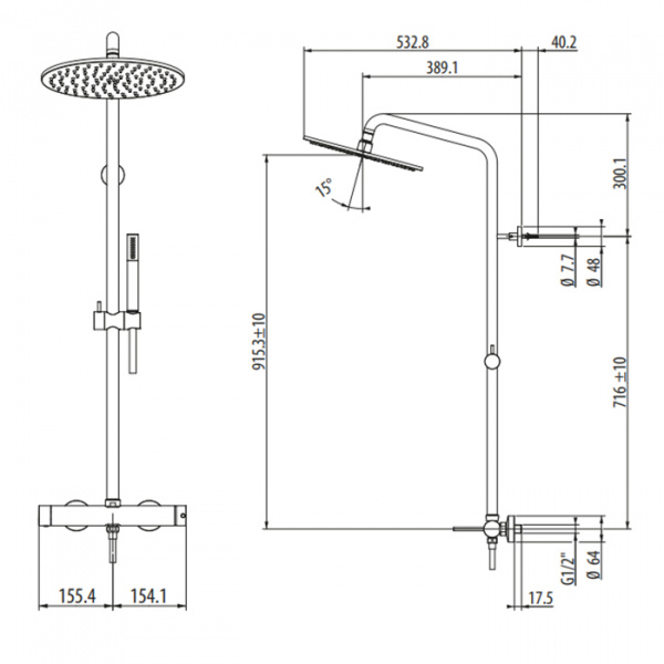 Gattoni Circle One Душевая стойка со смесителем, с переключателем, ручной лейкой и верхним душем 250мм, цвет: хром