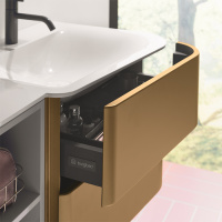 BurgBad Badu База подвесная с двойным умыв. из минер литья 152х51х49.2см, 4 ящика, 1полка, 2 отв под смеситель, цвет: серый/глянец/Gold