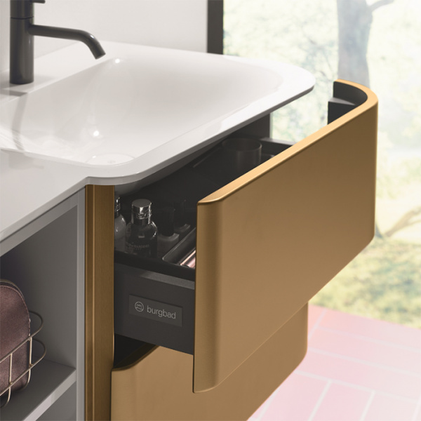 BurgBad Badu База подвесная с двойным умыв. из минер литья 152х51х49.2см, 4 ящика, 1полка, 2 отв под смеситель, цвет: серый/глянец/Gold