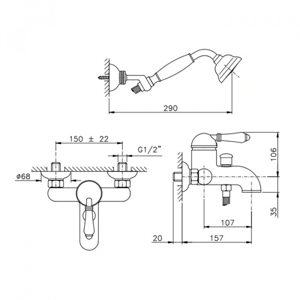 Nicolazzi P.m. Blanc Смеситель для ванны однорычажный, настенный, с ручным душем, ручки белая керамика, цвет: бронза