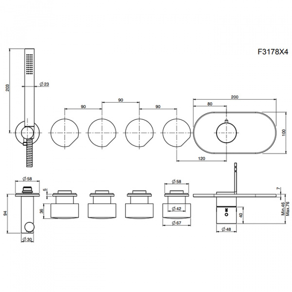 Carlo Frattini So Смеситель для душа встроенный, термостатический, 4 запорных вентиля, с душевым комплектом, цвет: хром