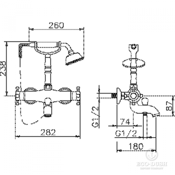HUBER Victorian Смеситель термостатический настенный для ванны/душа с ручной лейкой,держателем и шлангом, цвет:  хром