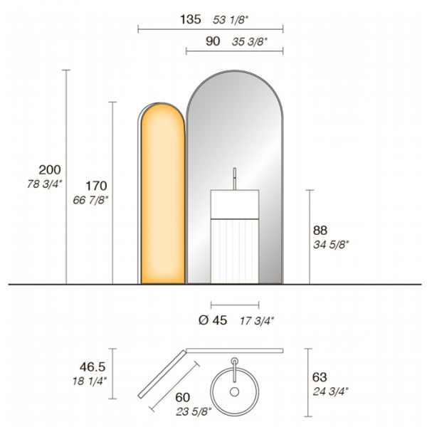 NOORTH milldue edition ROMA Комплект 150см из напольного зеркала со створкой с подсветкой, напольной раковины из гладкого и фрезерованного мрамора, Цвет: bianco carrara-A10L/grafite-A51F