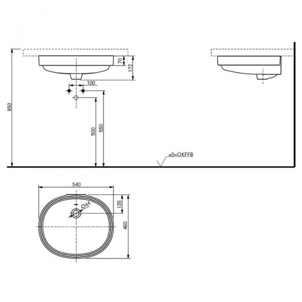 TOTO Public Раковина 54х46x17.2 см, без отв., CeFiONtect, цвет: белый