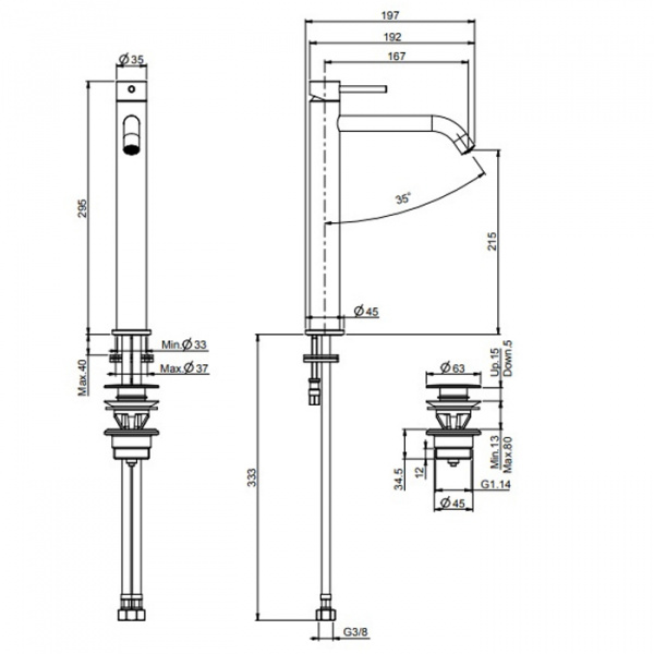 Carlo Frattini Spillo Up Смеситель для раковины, высота 295 мм., излив 167 мм., с донным клапаном click-clack, цвет: черный матовый