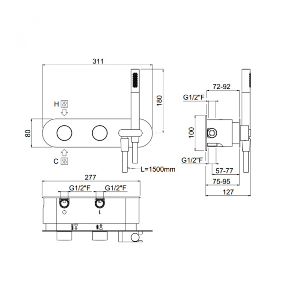 Carimali Встраиваемая часть для горизонтального прогресивного смесителя c держателем для душа, 3 выхода,.цвет: хром