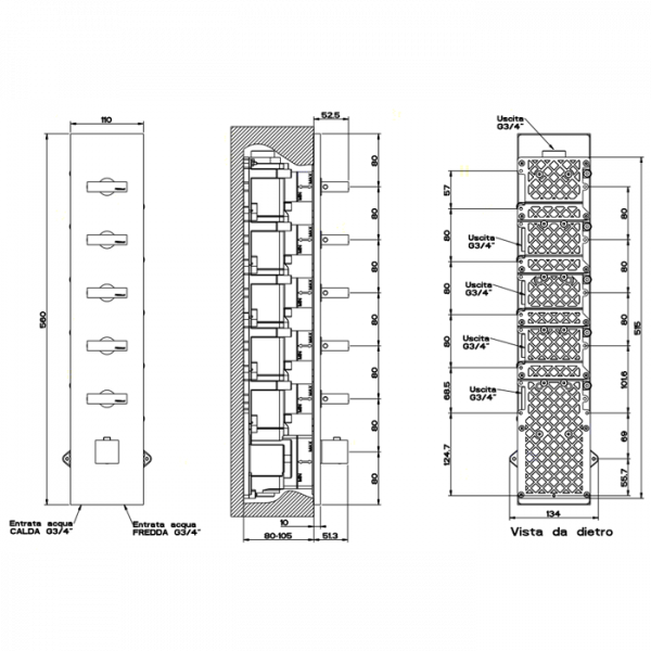 Gessi Rettangolo Встраиваемый термостатический смеситель, подключение на 3/4”, с 5ю независимыми выходами, внешняя часть, цвет: хром