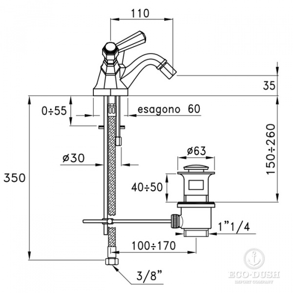 Stella Eccelsa Leve Смеситель для биде на 1 отверстие 3604, с донным клапаном, цвет: хром
