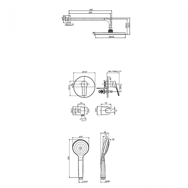 Carlo Frattini Wellness Душевой комплект с верх душем Ø250мм, наст держ 350мм, душевым комплектом, смес встр на 2 источн, внутр часть, цвет: хром