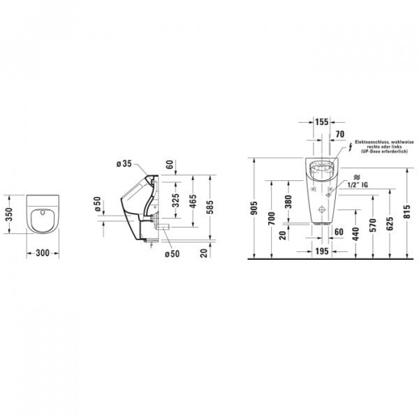 Duravit ME by Starck Писсуар Rimless электронный писсуар с питанием от батареек, c HygieneGlaze, без смывного края, подача воды сзади, с вытяжкой, сток горизонтальный (без мушки)