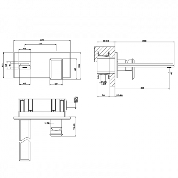 Gessi Eleganza Встраиваемый однорычажный смеситель для раковины, без донного клапана, с изливом, внешние части, цвет: хром