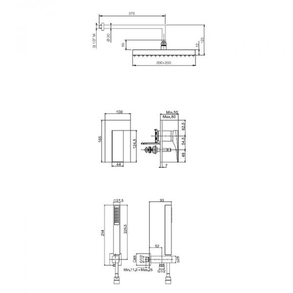 Carlo Frattini Wellness Душевой комплект с верх душем 200х200мм, наст держ 350мм, душ комплектом, смес встр на 2 источн, внутр часть, цвет: хром