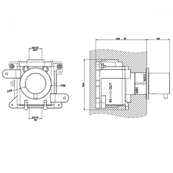 Gessi 316 Встраиваемый термостатический смеситель на 1 источник, резьба 3/4", внешняя часть, цвет: brushed black metal pvd
