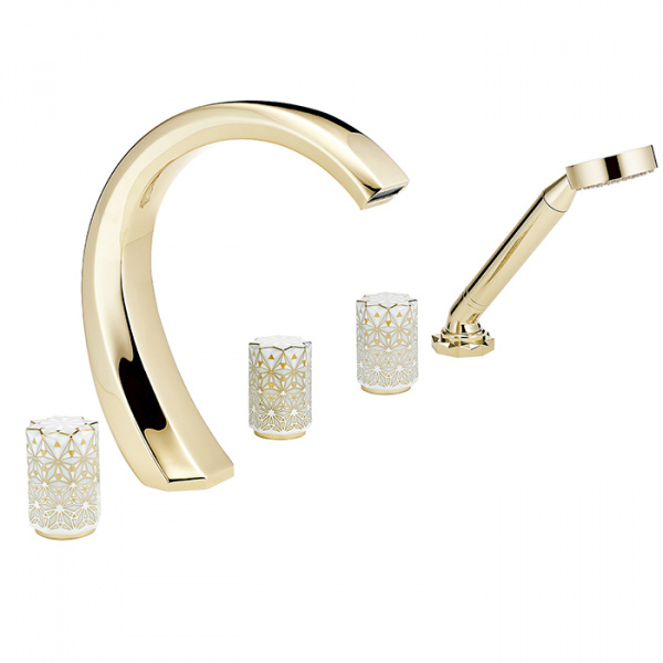 THG Nihal Porcelaine Ivoire Смеситель на борт ванны, на 5 отверстий, двойной, с ручным душем, цвет: Soft gold