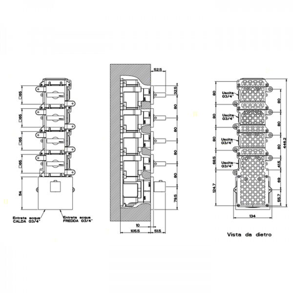 Gessi Rettangolo Встраиваемый термостатический смеситель, подключение на 3/4”, с 4мя независимыми выходами, внешняя часть, цвет: хром