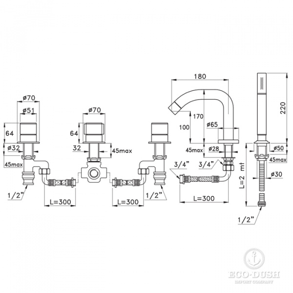 Stella Bamboo Смеситель на борт ванны на 5 отверстий 3256TR308, цвет: хром