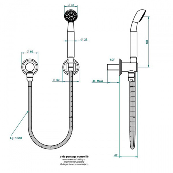 THG Flore Душевой комплект с ручным душем, шланг 1500 мм., держатель и подвод воды, цвет: хром