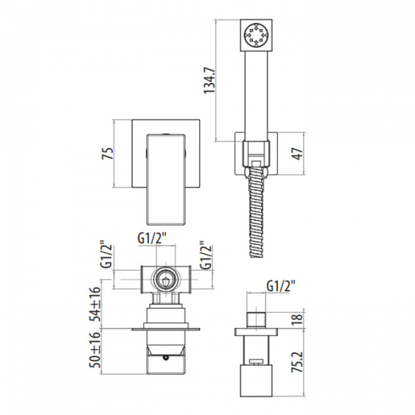 Gattoni Kubik Гигиенический душ со встроенным смесителем, цвет: хром
