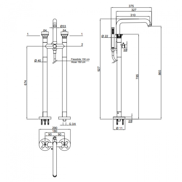 Antonio Lupi Timbro Смеситель для ванны, напольный, на 2 отв., излив: 375мм, цвет: хром