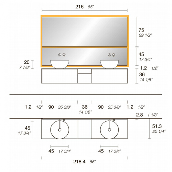 NOORTH milldue edition SINTESI Комплект мебели 216см в матовом лаке/шпоне, с 2-мя раковинами из Cristalplant, 2-мя зеркалами с подсветкой, Цвет: castoro-11/rovere carbone-601
