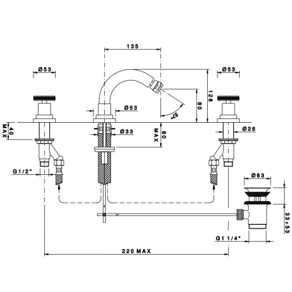 Nicolazzi Arena Смеситель для биде на 3 отвертсвия, излив: 135 мм, цвет: хром