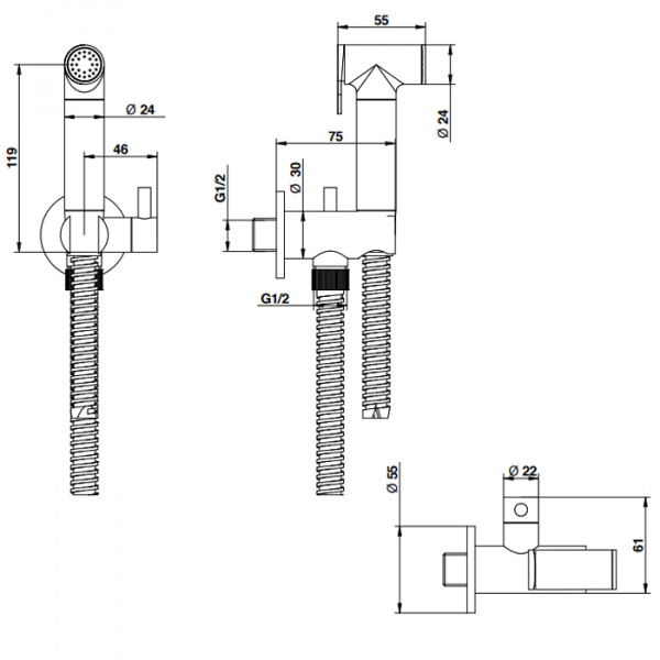 Bongio Time 2020 Гигиенический душ с запорным вентилем, цвет: нерж. сталь