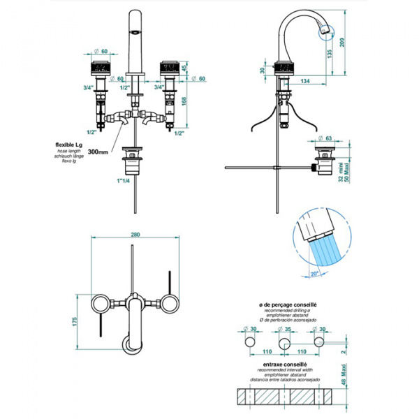 THG Paradise Смеситель для раковины на 3 отверстия, ручки с подсветкой, с донным клапаном, цвет: хром