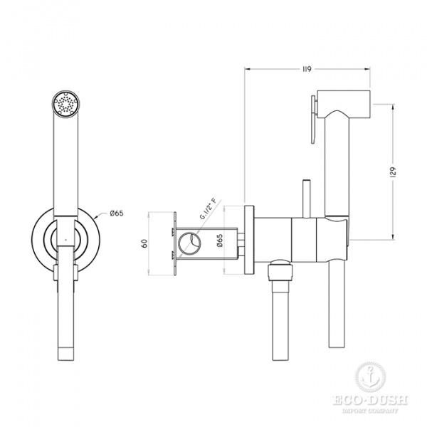 HUBER Shower Гигиенический душ со шлангом 120 см,вывод с держателем и встроенный прогрессивный картридж, цвет: никель полированный