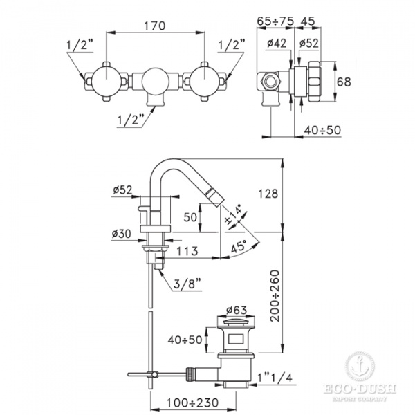 Stella Aster Смеситель для биде на 1 отверстие 3608, с донным клапаном и встраиваемыми ручками, цвет: хром