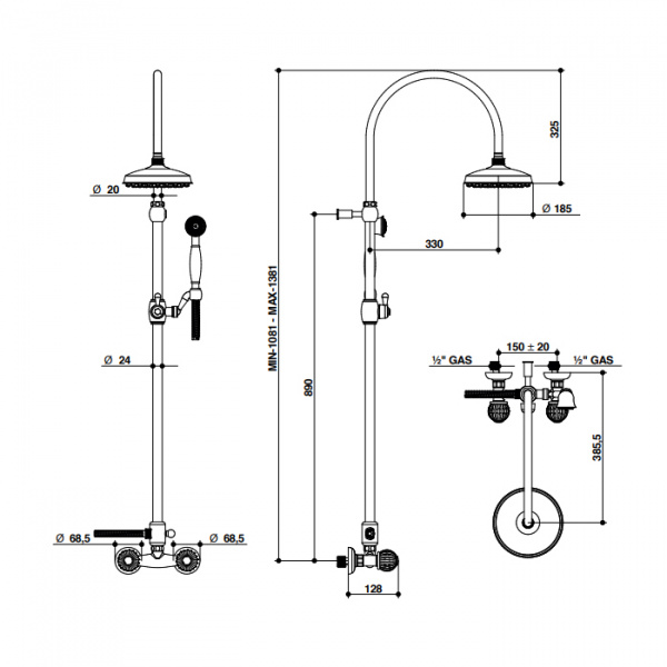 Bongio Rivoli Душевая стойка со смесителем для душа, верхним и ручным душем, цвет: золото/хрусталь