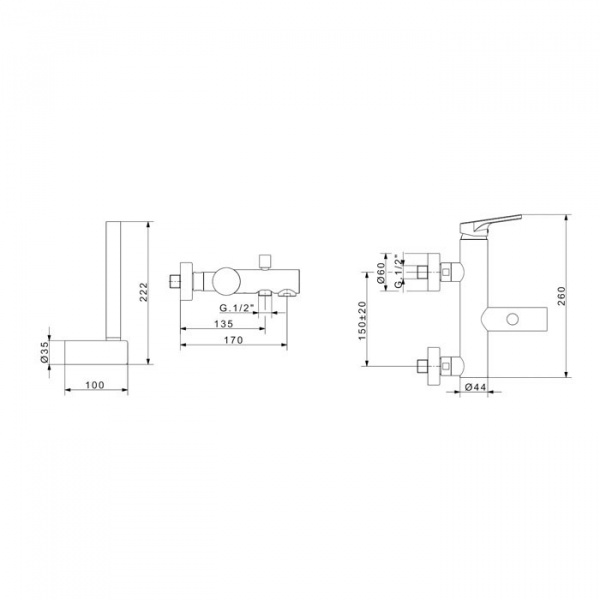 AZZURRA LINEA Смеситель для ванны, настенный, излив 150мм, с душевым гарнитуром, хром